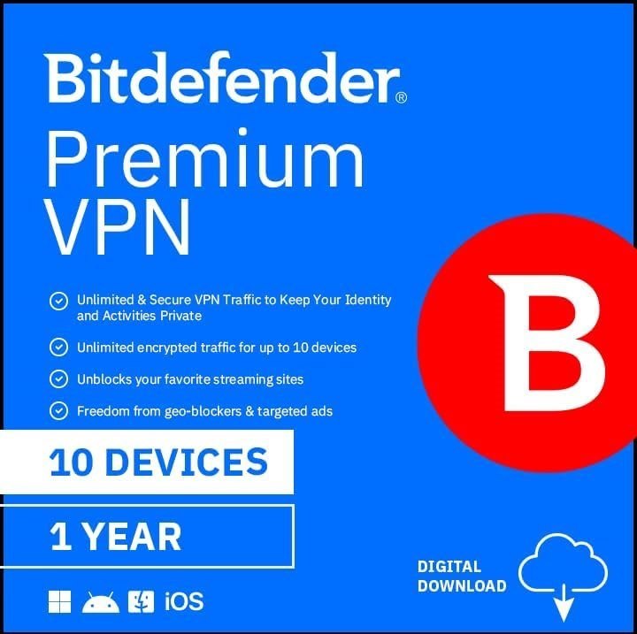 Bitdefender Premium VPN Unlimited Traffic (10 Devices, 1 Year) Lic Key