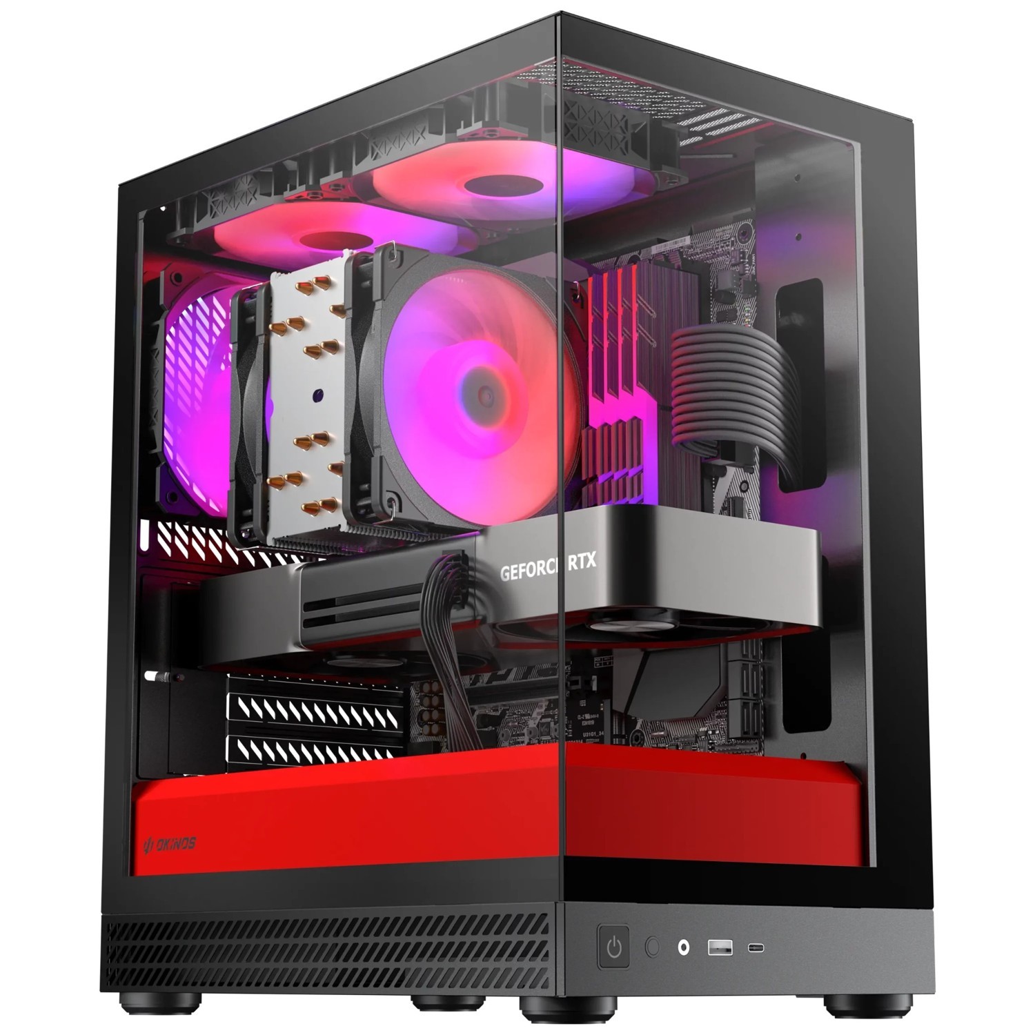 Okinos Aqua Uno Scarlet, Mini Tower, Micro-ATX/ITX, 270° Tempered Glass, Usb-C 5Gbps, 3× Argb Fans, 309MM Gpu, Dust Filters