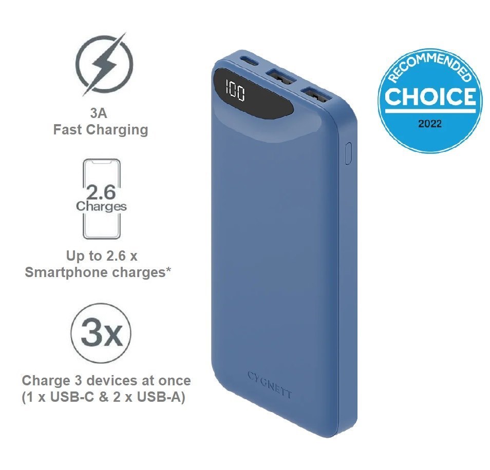 Cygnett ChargeUp Boost 3RD Gen 10K mAh Power Bank - Blue (Cy4342pbche), 1 X Usb-C (15W), 2 X Usb-A (12W), Usb-C To Usb-A Cable (15CM), Fast Charge