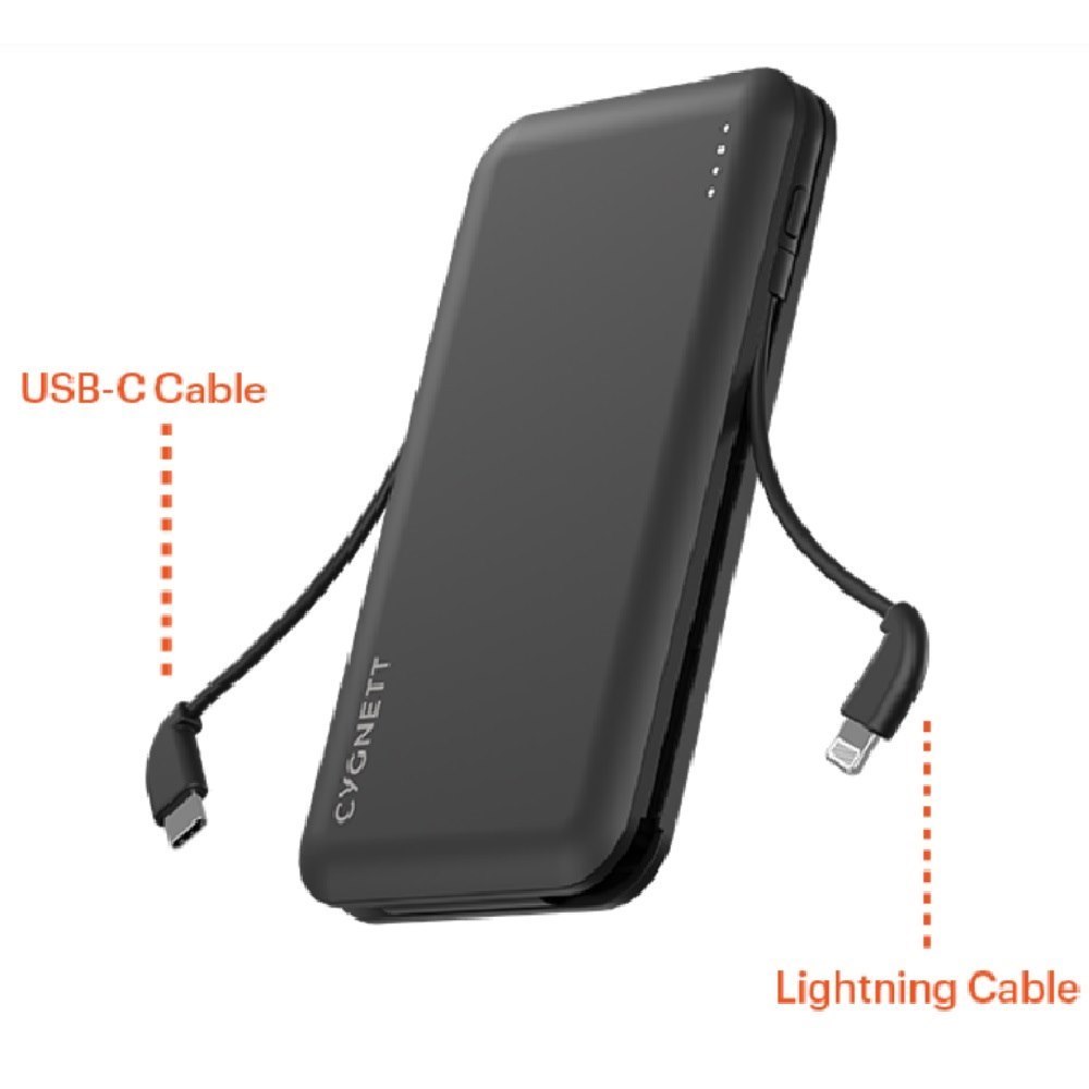 Cygnett ChargeUp Pocket 10K mAh Power Bank With Integrated Lightning (MFi) (10.5W) & Usb-C (15W) Cable - Black (Cy4406pbche), Compact Size