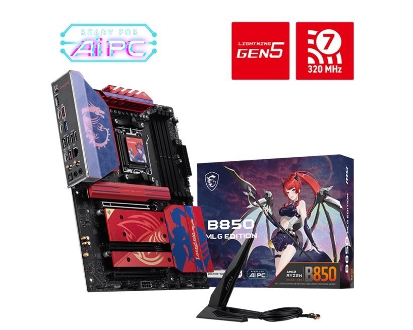 Msi B850 MLG Edition, Am5, Ryzen 9000/8000/7000, DDR5-8400+, PCIe 5.0, M.2 Gen5/Gen4, Hdmi 8K, Usb-C 20Gbps, Wi-Fi 7, BT 5.4, 5Gbps Lan, 7.1 Audio