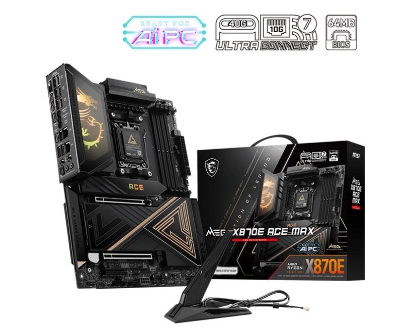 Msi X870e Ace Max, Am5 X870e Flagship, Ryzen 7000–9000, DDR5-8400+ Oc, PCIe 5.0, Dual M.2 Gen5, Usb4, Wi-Fi 7, 10G+5G Lan, Audio Boost 5