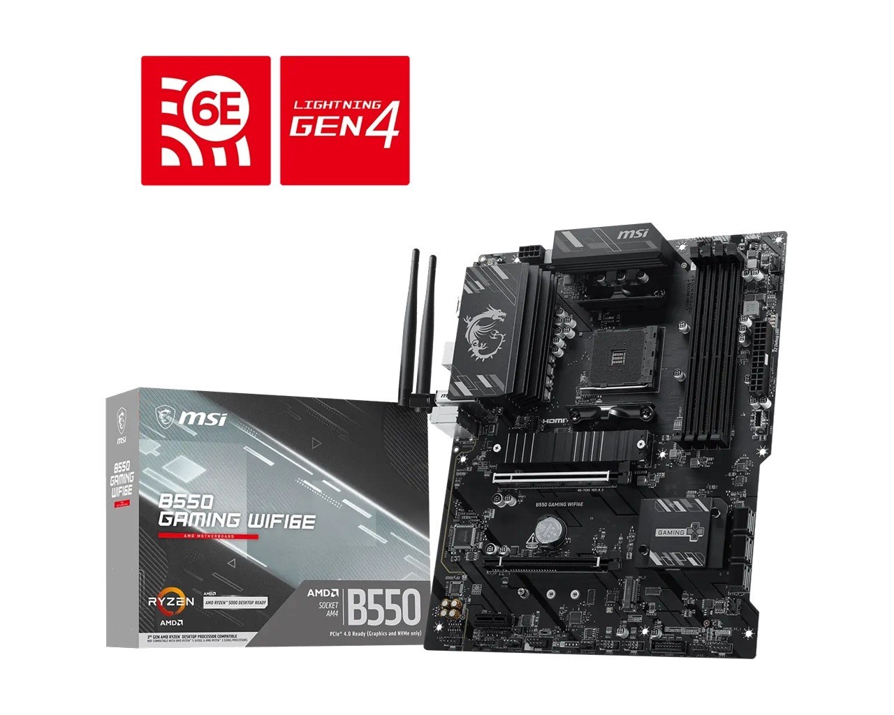 Msi B550 Gaming Wifi6e, Amd B550, Am4, Ryzen 5000/3000, DDR4 128GB, PCIe 4.0, 2X M.2, Wi-Fi 6E, 1Gb Lan, Usb 10Gbps, Atx, 4866+MHz Oc, RGB, 7.1 Audio