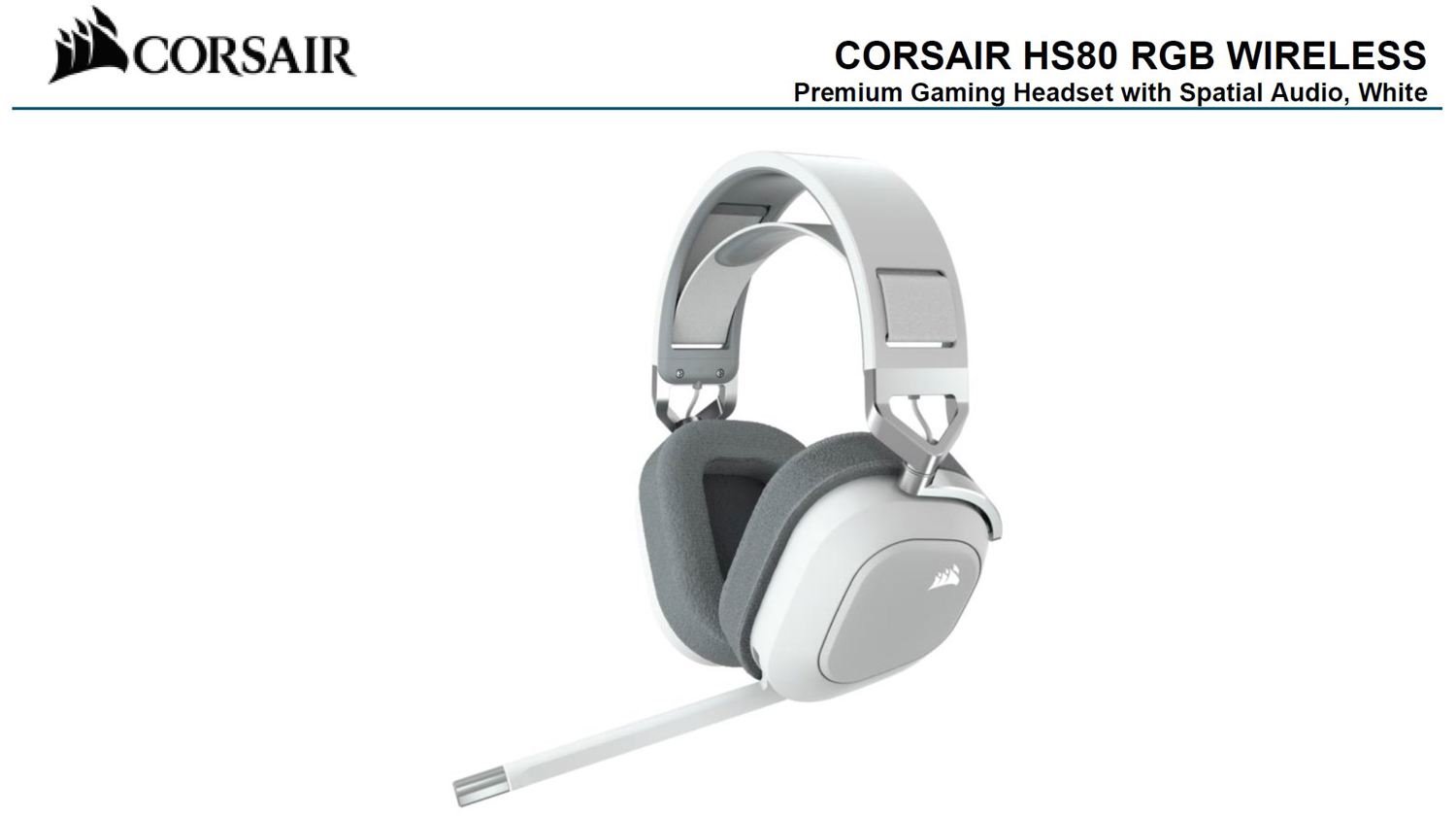 Corsair HS80 RGB Wireless White- Dolby Atoms, 50MM Driver, Ultra Comfort, Hyper Fast Slipstream 20Hrs Wireless - Gaming Headset PS5 / Xbox Headphones