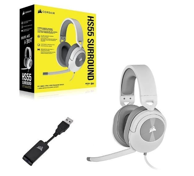 Corsair HS55 White 7.1 Surround Gaming Headset, PS5, Box X, Switch. Icue, Discord Certified, Ultra Comfort Foam, Usb