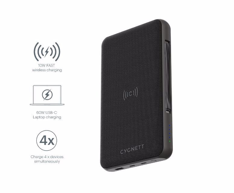 Cygnett 27000 mAh Usb-C Laptop And Wireless Power Bank - Black, Charge 3 Devices At Once, 60W Usb-C Power Delivery, Power A Laptop Up To 16 HRS