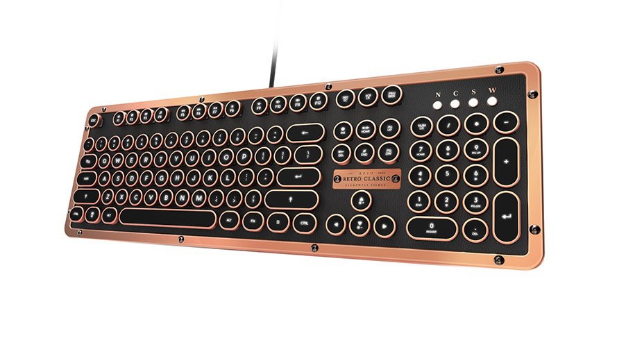 Azio Retro Classic Vintage Typewriter Usb Backlit Mechanical Keyboard - Alloy Leather Trim Artisan - Premium Leather/NKRO/USB/Blue Switch (LS)