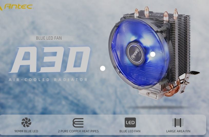 Antec A30 K 92MM Blue Led 36CFM, 2X Copper Heatpipe. Intel 1700. 775, 115X, 1200, Amd, Am4, FM1, FM2 + Cpu Air Cooler, TDP 95W, 12 Months Warranty