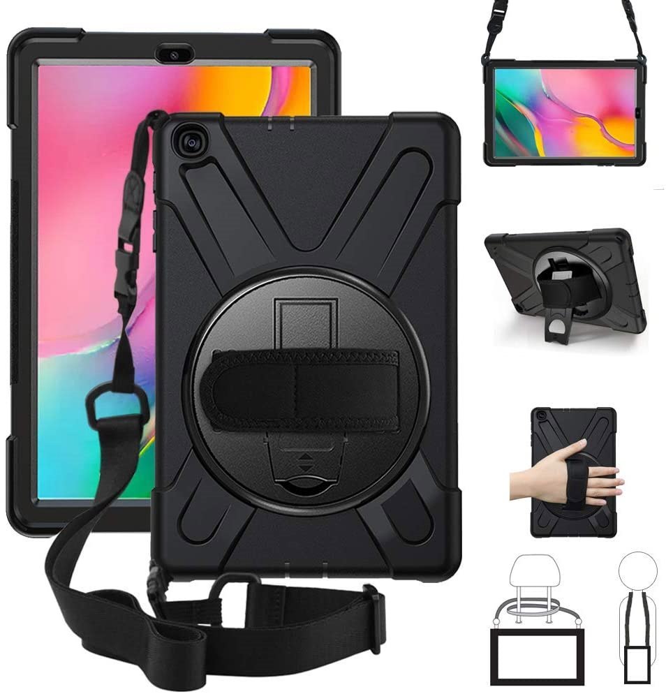 Generic Rugged Black Case For Samsung Galaxy Tab A7 (10.4') - Shockproof, Dustproof, 360 Rotatable Hand Strap, 3 Layers Heavy Duty Protection