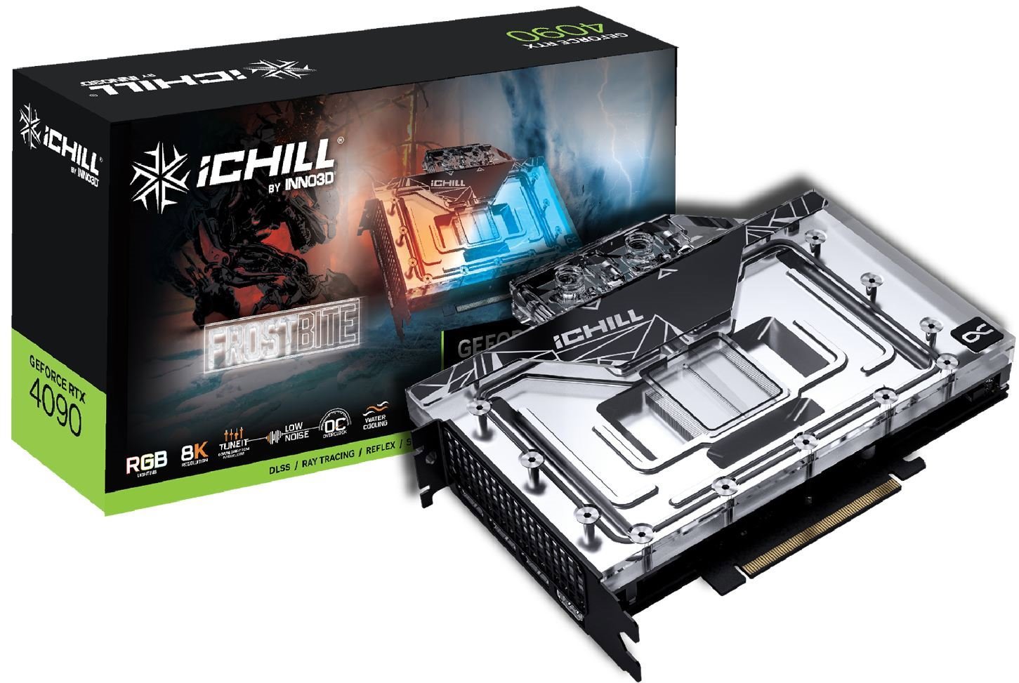 Inno3d nVidia GeForce RTX 4090 Gpu Ichill Frostbite 24GB GDDR6X, 2580MHz Boost, Ram 21Gbps, 3xDP, 1xHDMI, Built In Water Block (Tubes Not Supplied)