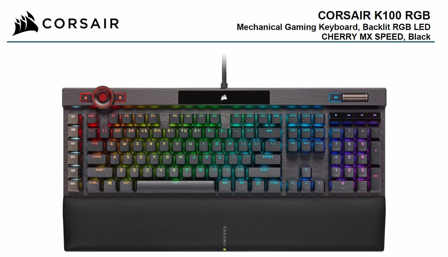 Corsair K100 RGB Mechanical Gaming Keyboard, Backlit RGB Led, Cherry MX Speed, Black, Black PBT Keycaps
