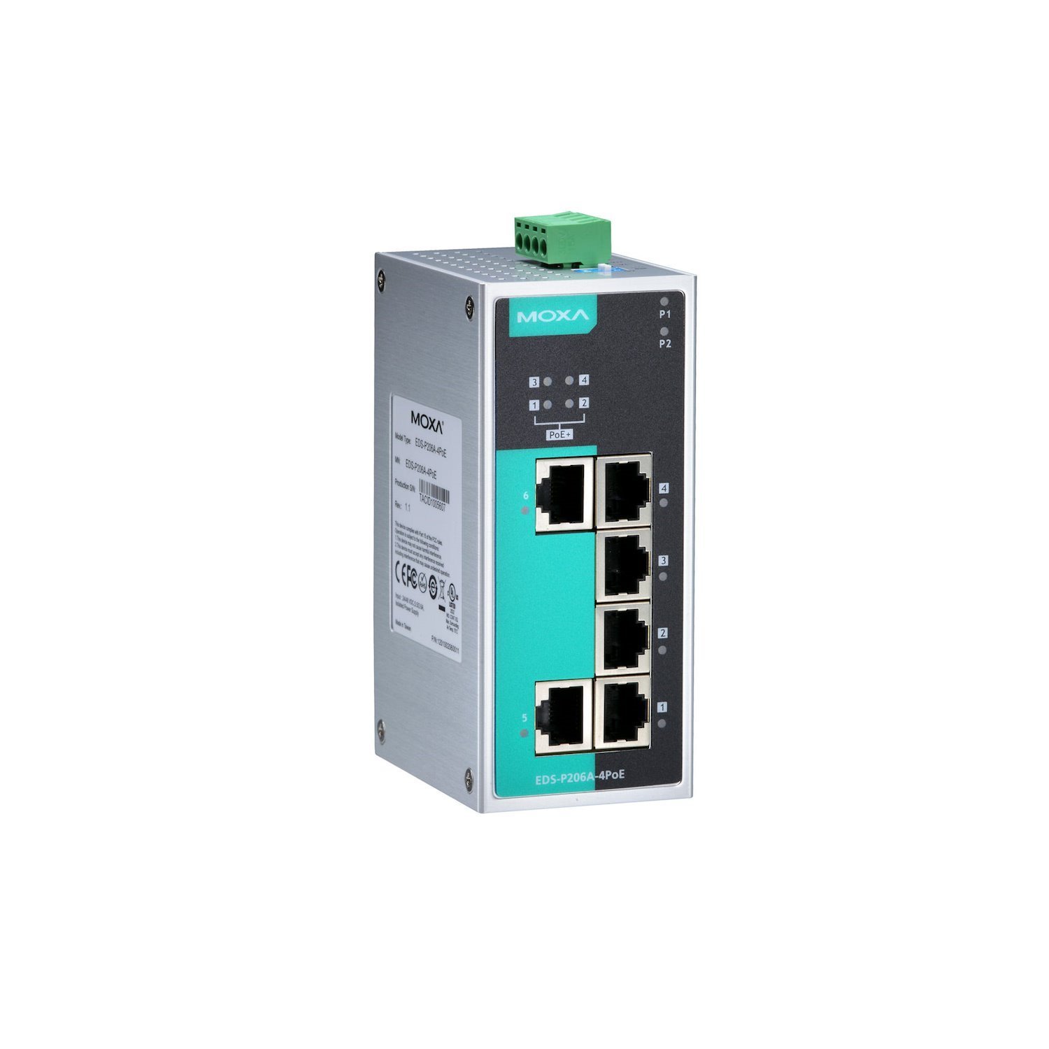 Moxa | Unmanaged Ethernet Switch With 4 PoE Ports, 2 10/100BaseT(X) Ports, -10 To 60°C.