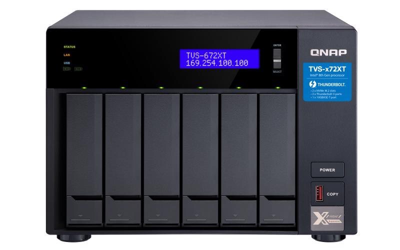 QNAP TVS-672XT-I3-8G 6 x Total Bays SAN/NAS/DAS Storage System - 4 GB Flash Memory Capacity - Intel Core i3 i3-8100T Quad-core (4 Core) 3.10 GHz - 8 GB RAM - DDR4 SDRAM Tower