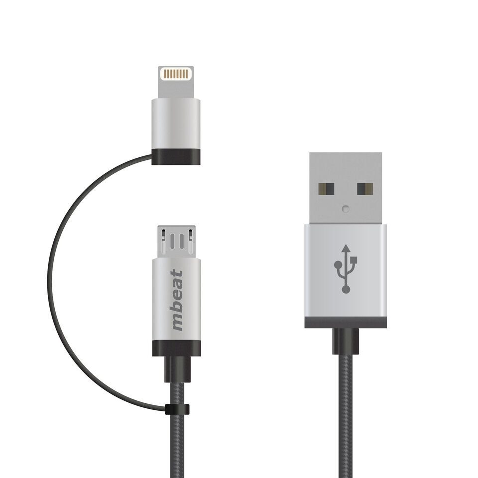 mBeat (LS) Mbeat® 1M Lightning And Micro Usb Data Cable - 2-in-1/Aluminmum Shell Crush-Proof/Nylon Braided/Silver/ Apple/Andriod Tablet Mobile Device (L)