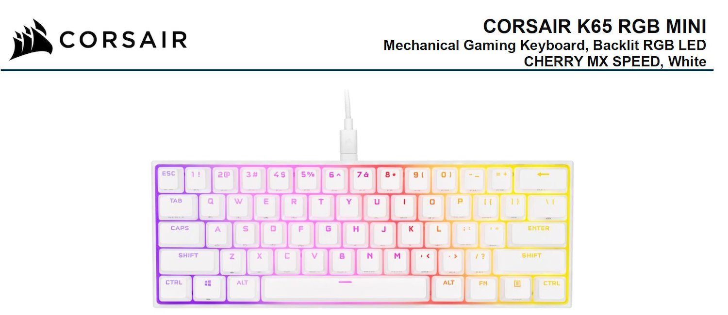 Corsair K65 RGB Mini 60% Mechanical Gaming Keyboard, Backlit RGB Led, Cherry MX Speed Keyswitches, White (LS)