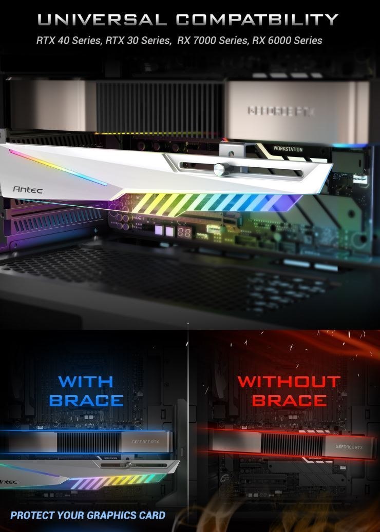 Antec Hgpu Bracket Dagger White Argb - Pci Slot Mount. 5 Holes. Horizontal Gpu 170-270MM. Universal Case support,Tool-Less. Adjustable Support Column.