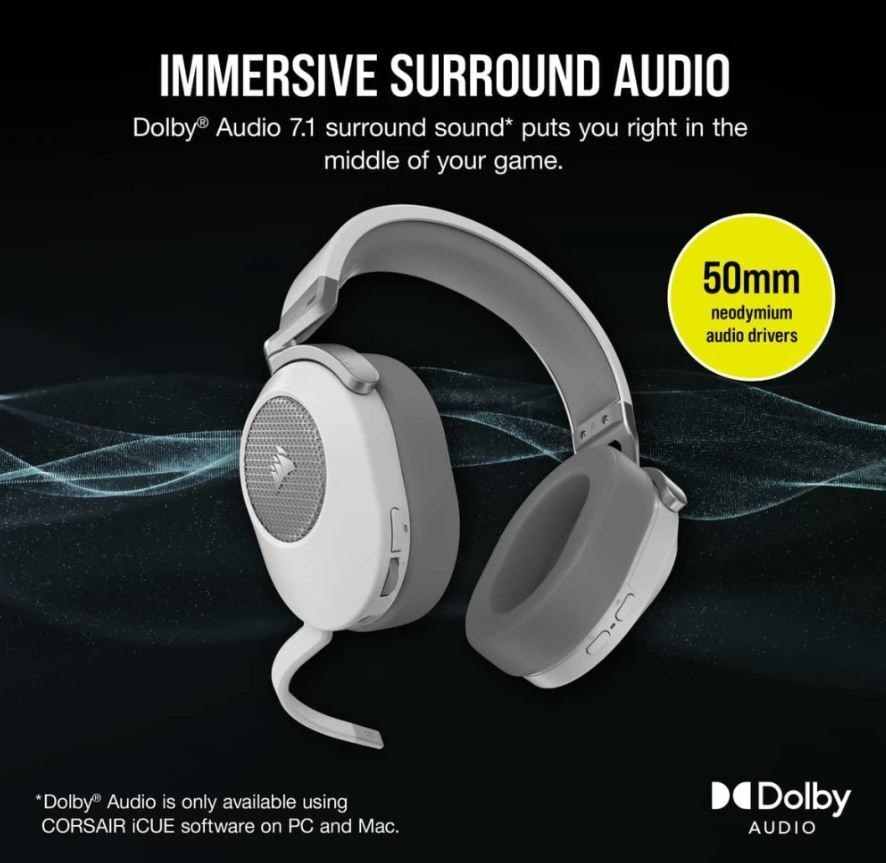 Corsair Corsai HS65 White 7.1 Dolby Wireless & BT Headset. All Day Comfort, Lightweight, SoundID Technology Usb PC, Mac, V2 New Oct 23 Model