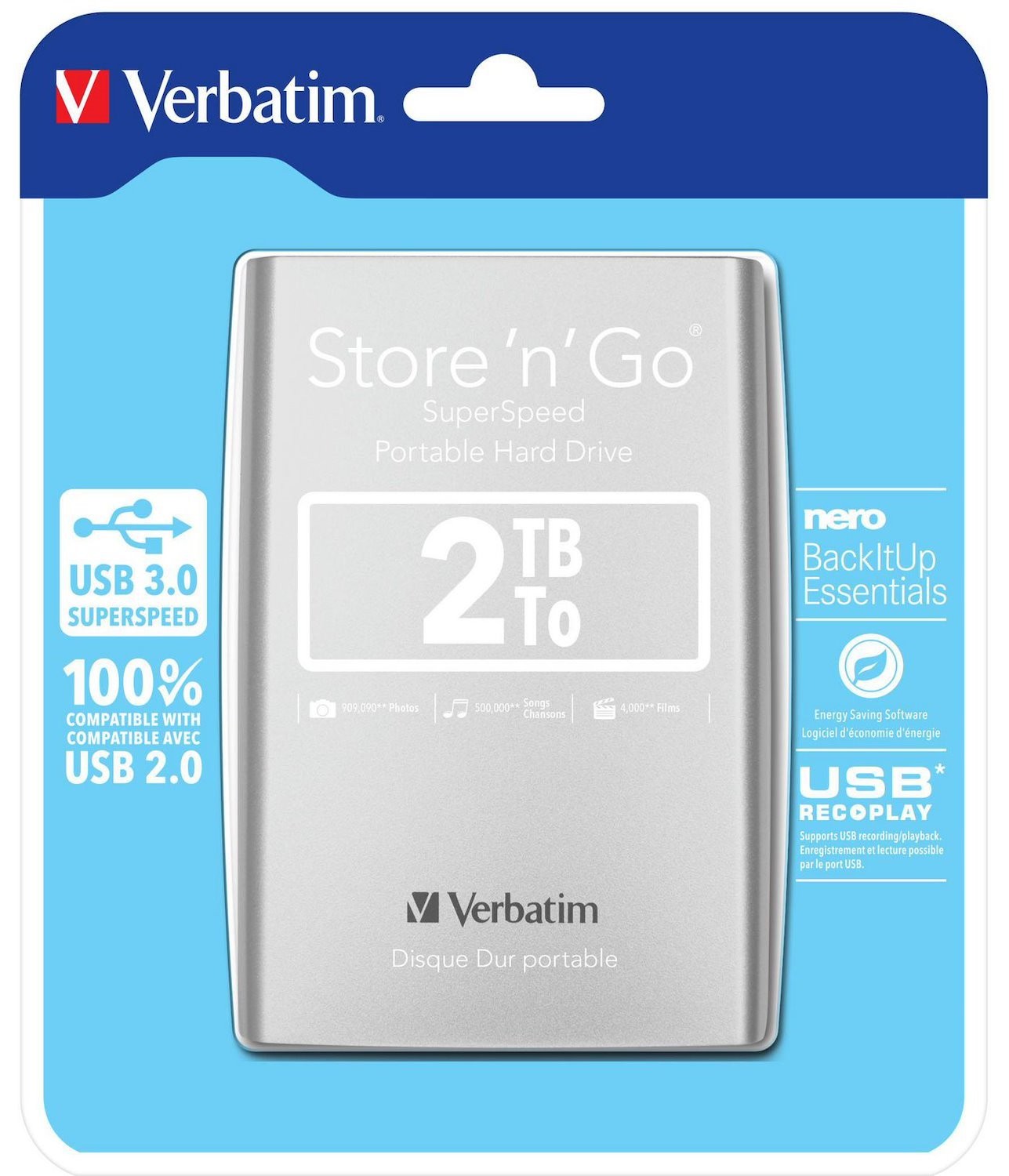 Verbatim Store 'n' Go 2 TB Portable Hard Drive - 2.5" External - Silver