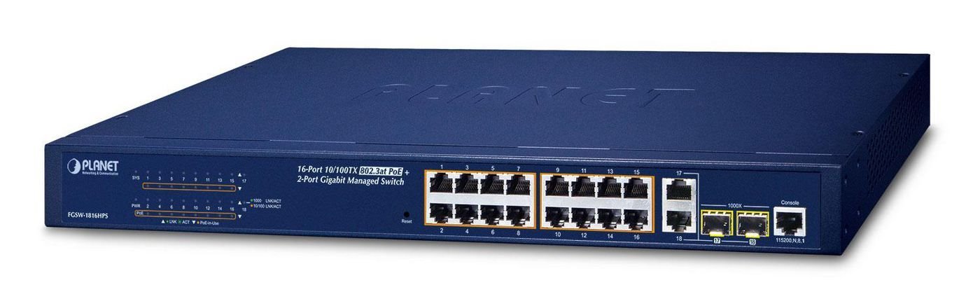 Planet FGSW-1816HPS Netværksswitch Administreret L2 Fast Ethernet (10/100) STRØM Over Ethernet (PoE) BLÅ