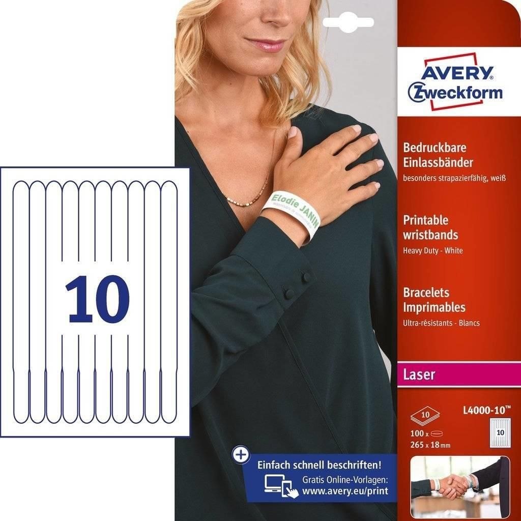 Avery Zweckform Opaski Identyfikacyjne Na Nadgarstki Do Zadruku A4 10 Ark. 265 X 18 MM Folia Poliestrowa Biale