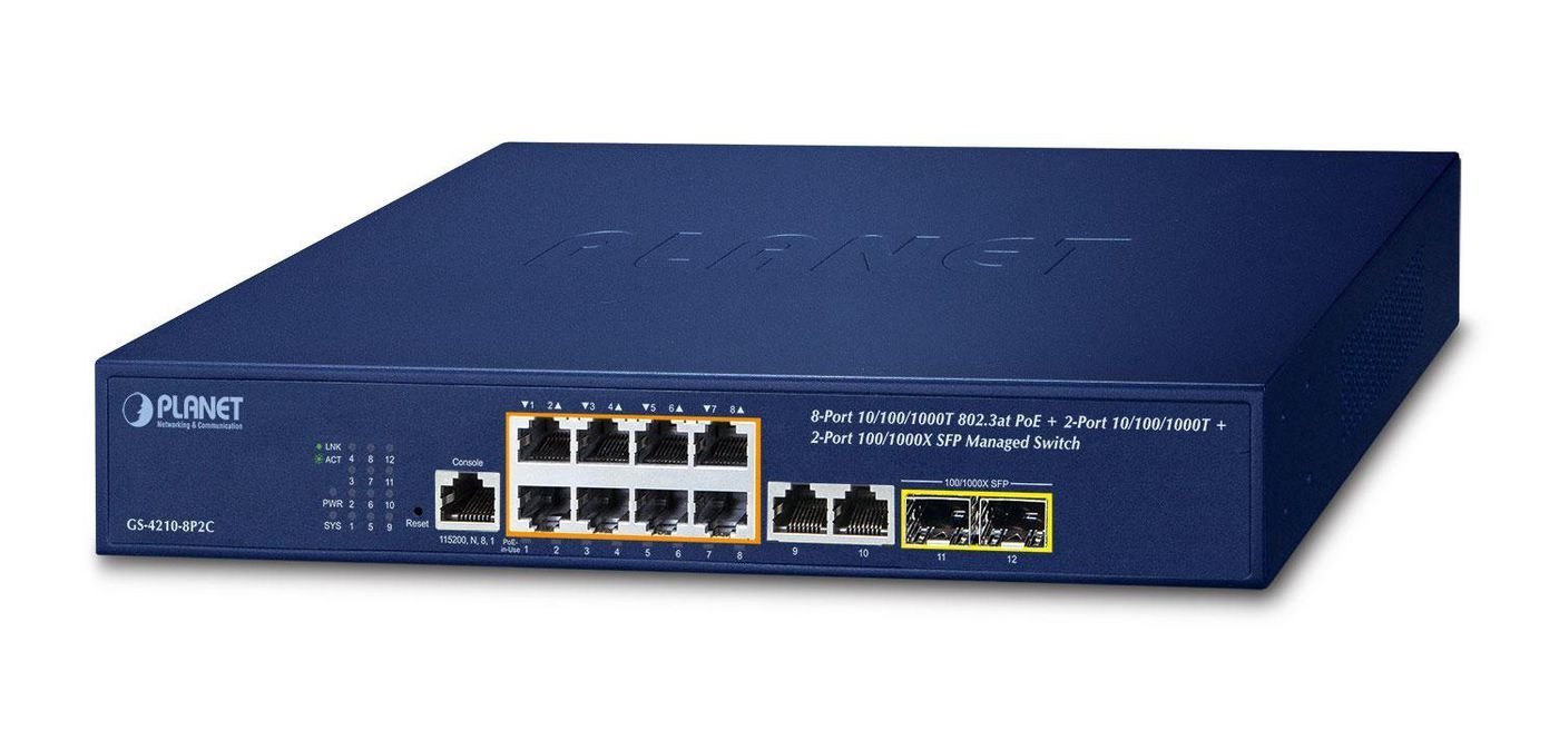 Planet IPv4/IPv6, 8-Port Managed Administreret L2/L4 Gigabit Ethernet (10/100/1000) STRØM Over Ethernet (PoE) 1U BLÅ