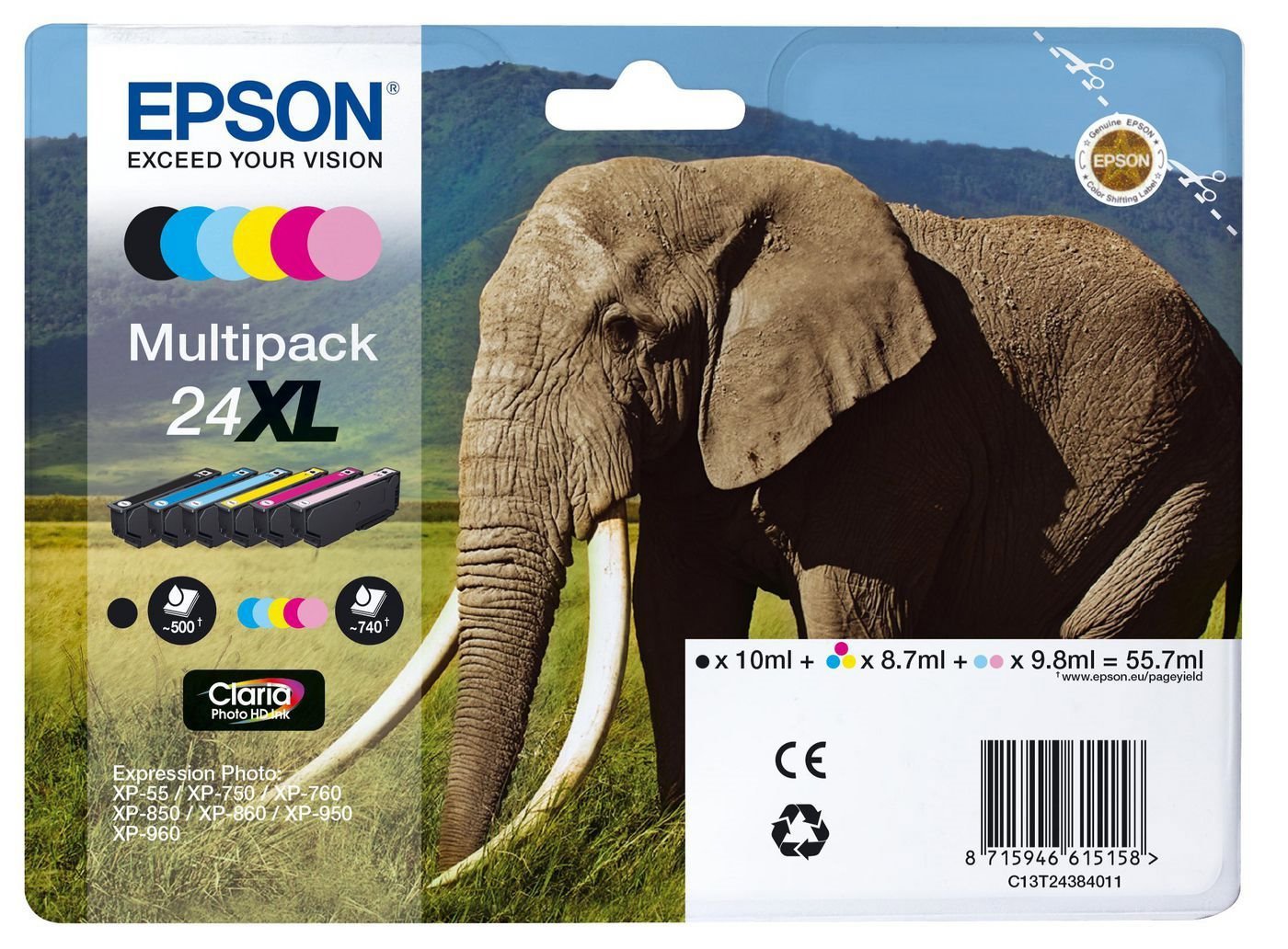 Epson 24XL Original Inkjet Ink Cartridge - Black, Cyan, Magenta, Yellow - 6 / Pack