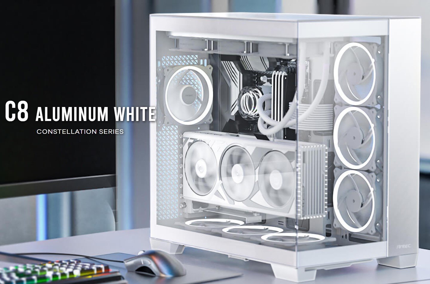 Antec C8 Aluminum White E-Atx Seamless Edge View Front And Side, Usb-C, 4MM Tempered Glass, 360MM Liquid Cooler Top, Bottom, Side. 2X Usb 3.0 Case.