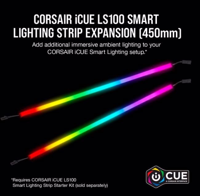 Corsair Icue LS100 Smart Lighting Strip Expansion Kit 2X 450MM Addressable Led Strip, RGB Ext Cable, Adhesive Tape, Cable Clip. 2 Years Warranty.