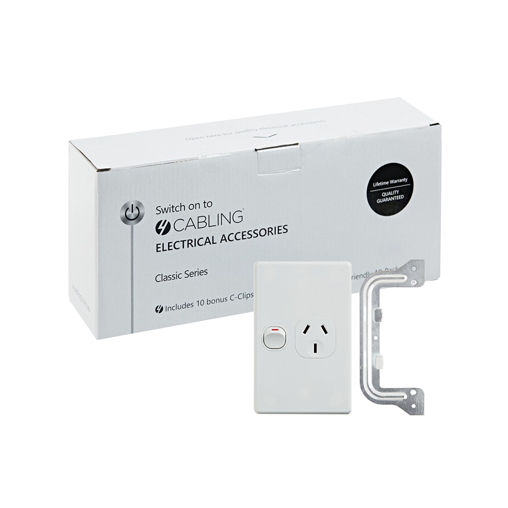 4Cabling 4C | Classic Single Power Point 250V 10A - Vertical - 10 Pack With 10 Free C-Clips