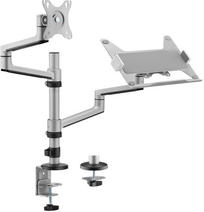 Brateck 17"-32" Dual Arm Premium Articulating Monitor Arm & PC Tray. Arm Extension 466MM, Built-In Cable Management, Detachable Vesa Plate. Desk Clamp & Grommet Mounting Inc. Matte Grey Colour.