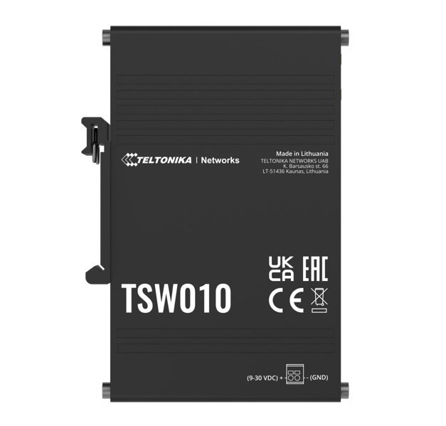 Teltonika TSW010 Din Rail Ethernet Switch, 5X Ethernet Ports With Speeds Of Up To 100 MBPS, Integrated Din Rail Bracket, Plug And Play, Psu Excluded