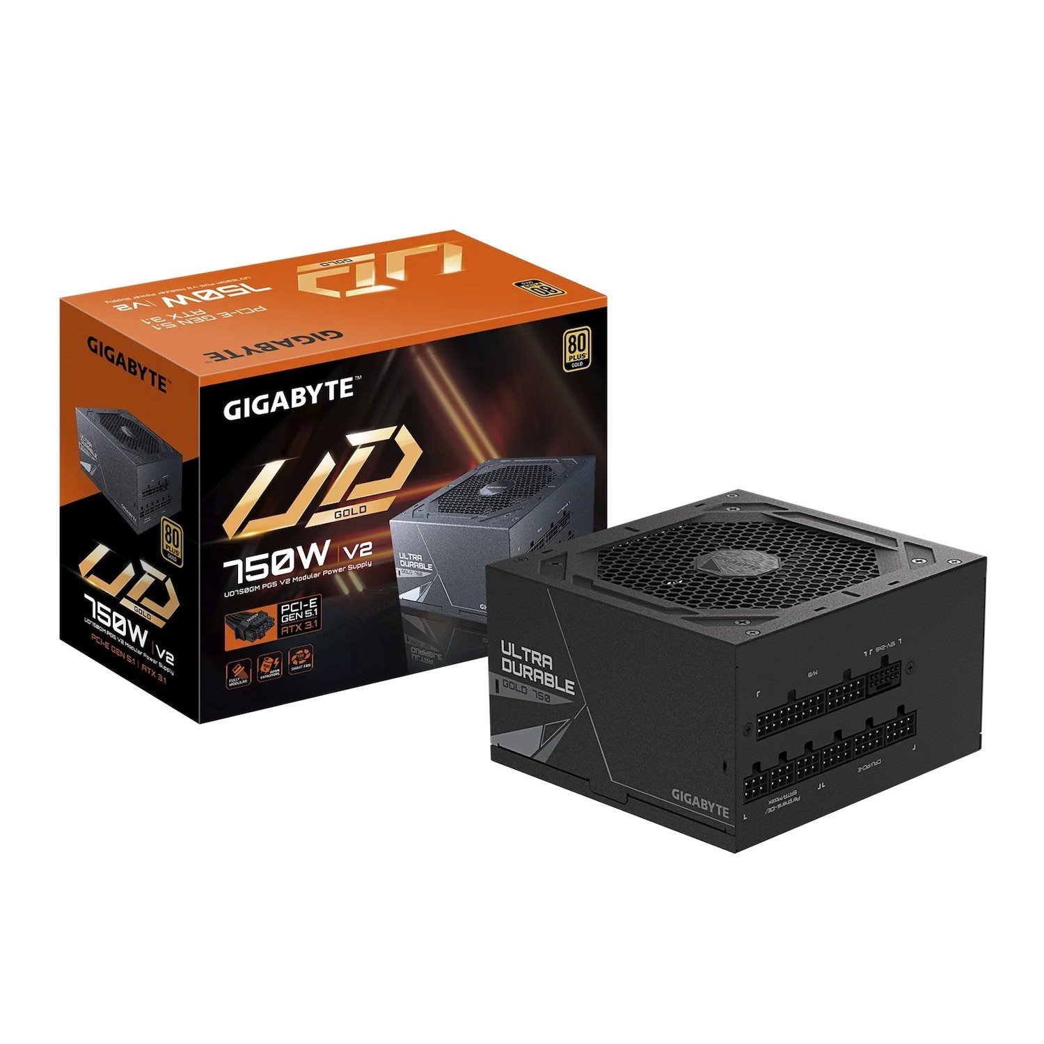 Gigabyte Ud750gm PG5 V2, 750W Atx Psu Power Supply 80+ Gold >90% Black Embossed Cables 100-240 Vac >100K HRS (New)