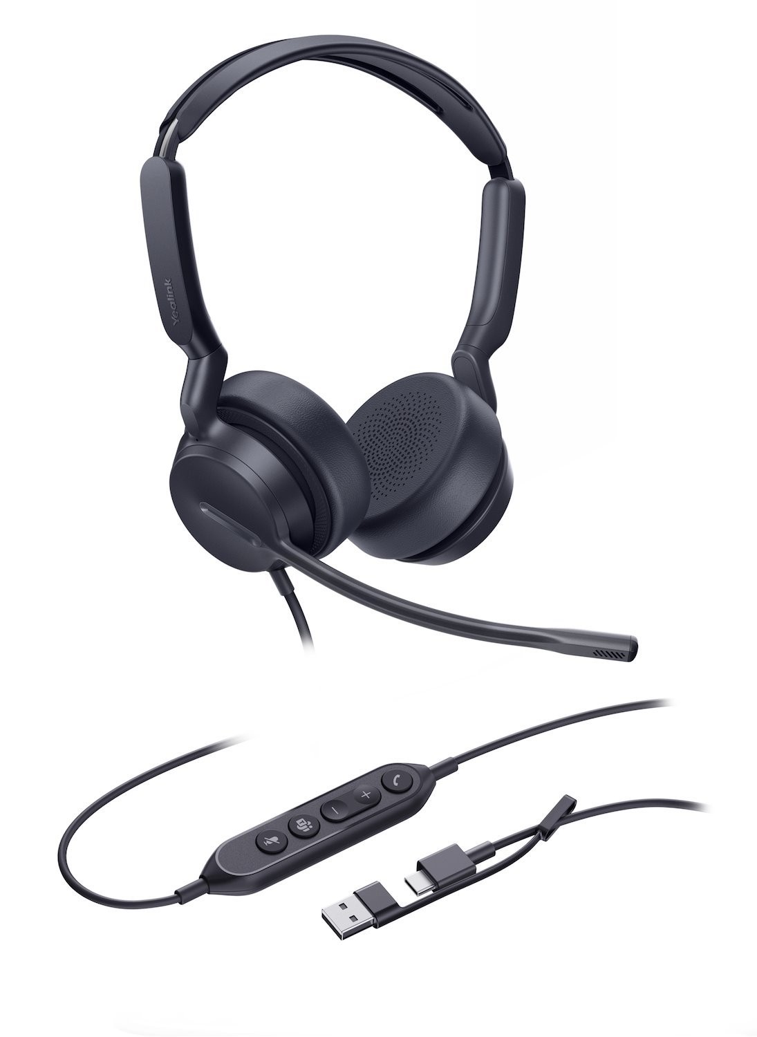 Yealink Uh42 Dual Teams Usb-C/A Microsoft Certified Teams Usb Wired Headset, Noise-Canceling Microphone, Leather Ear Cushions Controller Teams Button