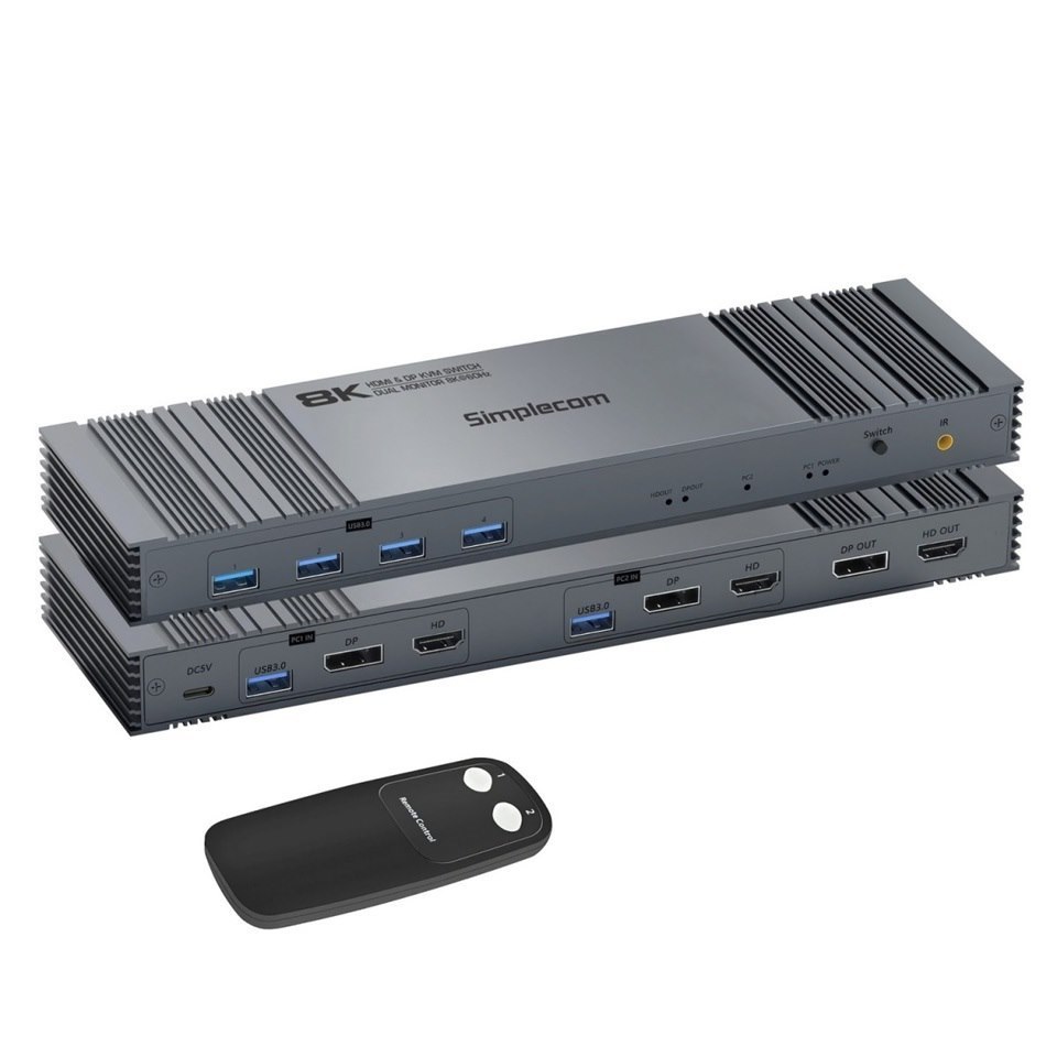 Simplecom KM490 Hdmi And DisplayPort Dual Monitor KVM Switch For 2 Computers With 4-Port Usb 3.0 Hub 5Gbps 8K@60Hz