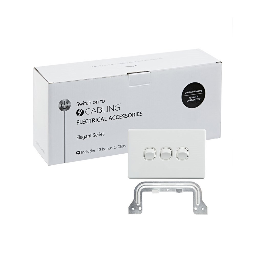 4Cabling 4C | Elegant Wall Switch 3 Gang 250V 16A | Horizontal | 10 Pack With 10 Free C-Clips