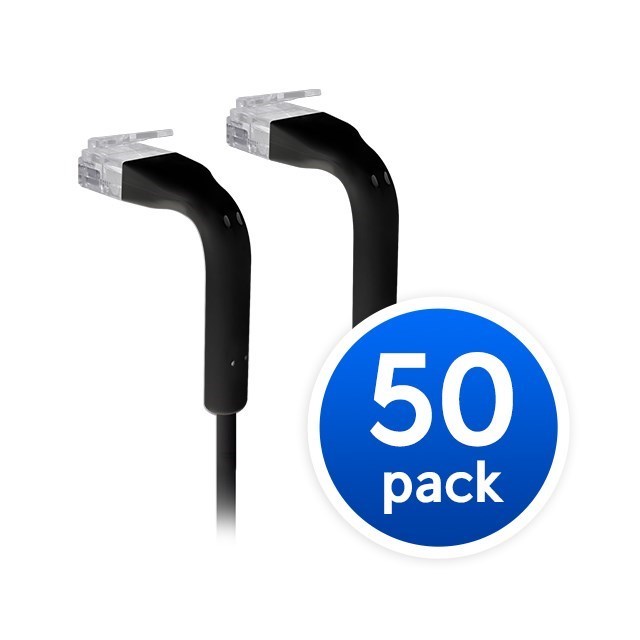 Ubiquiti UniFi Patch Cable, 50-Pack, Reduced Packaging (Low Plastic), Length 0.1M, Black, Both End Bendable To 90 Degree, RJ45 Cat6, 2Yr Warr