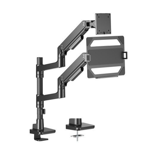 Brateck LDT81-C024P-ML-B Noteworthy Pole-Mounted Heavy-Duty Gas Spring Dual Monitor Arm With Laptop Holder Fit Most 17'-49' Monitor Fine Texture Black