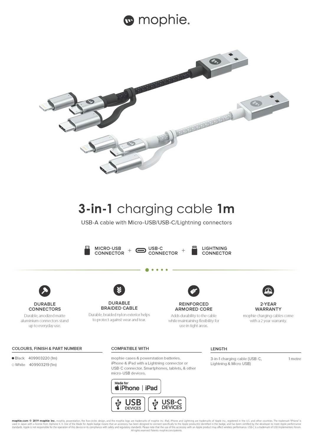 Mophie 1m Tri-Tip Cable