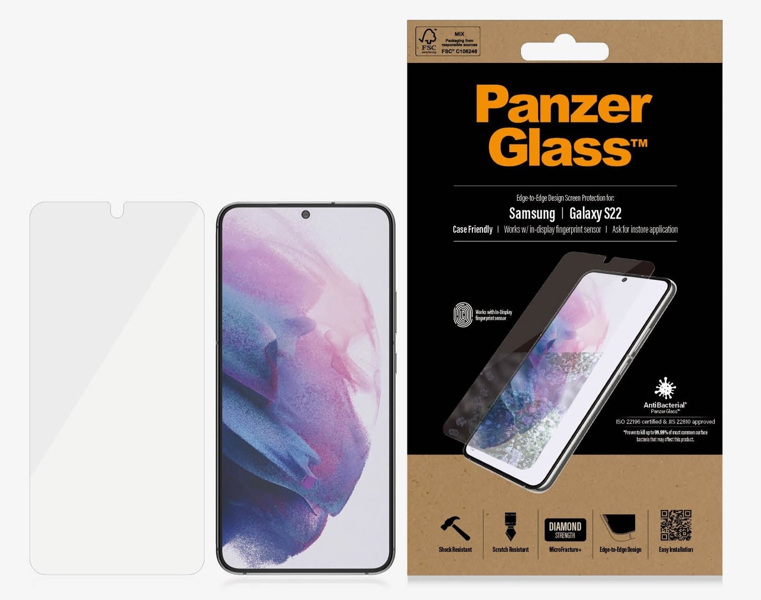 PanzerGlass Samsung Galaxy S22 5G Screen Protector (7293) Black- Full Silicone, AntiBacterial, Shock Resistant, Scratch Resistant, Case Friendly