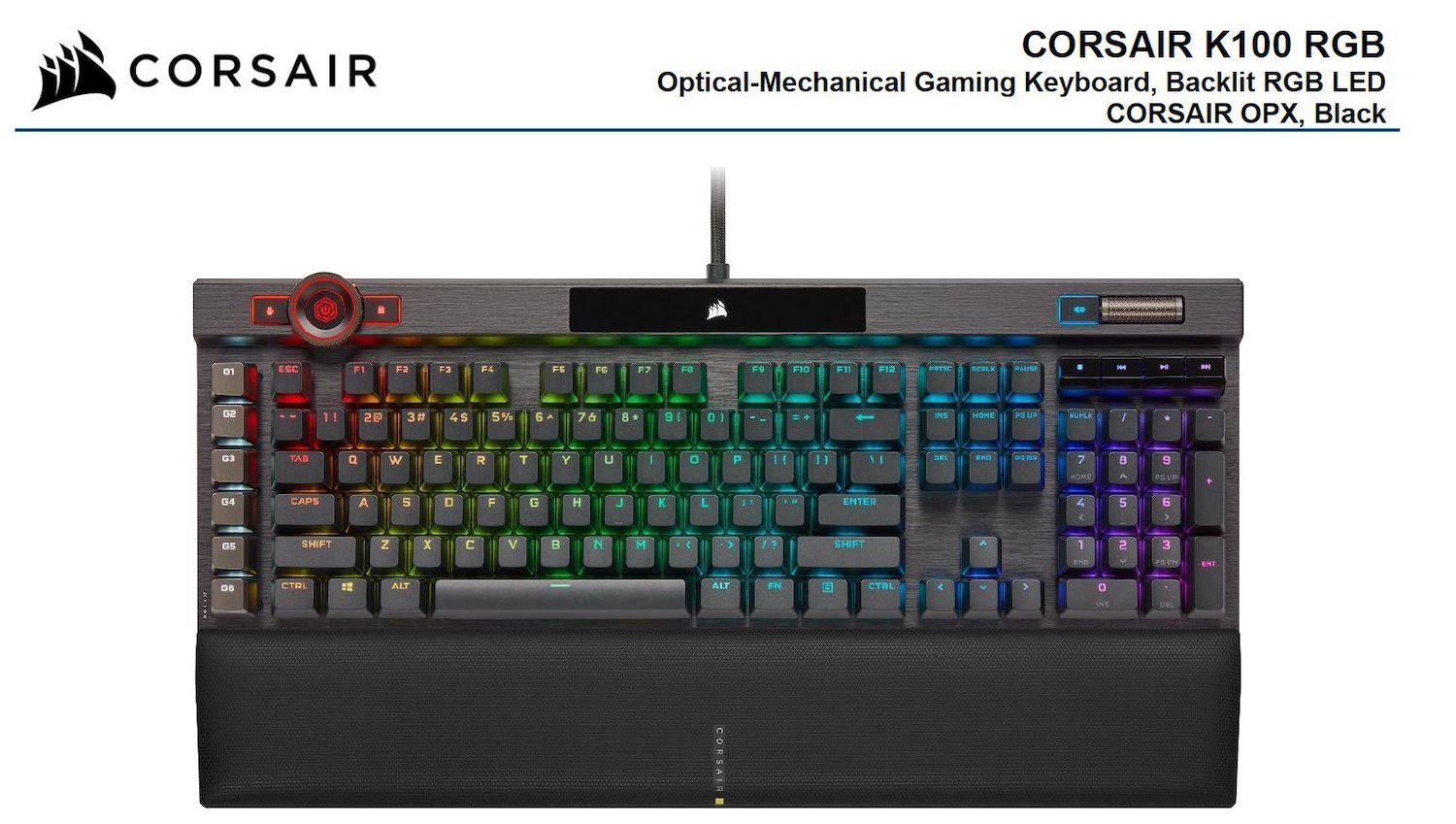 Corsair K100 RGB Optical-Mechanical Gaming Keyboard, Backlit RGB Led, Corsair Opx Rapidfire, Black, Black PBT Keycaps