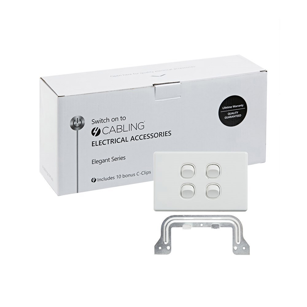 4Cabling 4C | Elegant Wall Switch 4 Gang 250V 16A - Horizontal - 10 Pack With 10 Free C-Clips