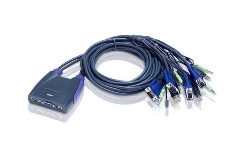 Aten Compact KVM Switch 4 Port Single Display Vga W/ Audio, 1.8M Cable, Computer Selection Via Hotkey,