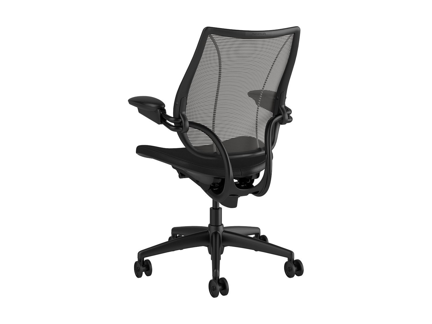 Humanscale Liberty Task Chair, Adjustable Duron Arms, Black Frame, Pinstripe Black Back Mesh, Ticino Noir