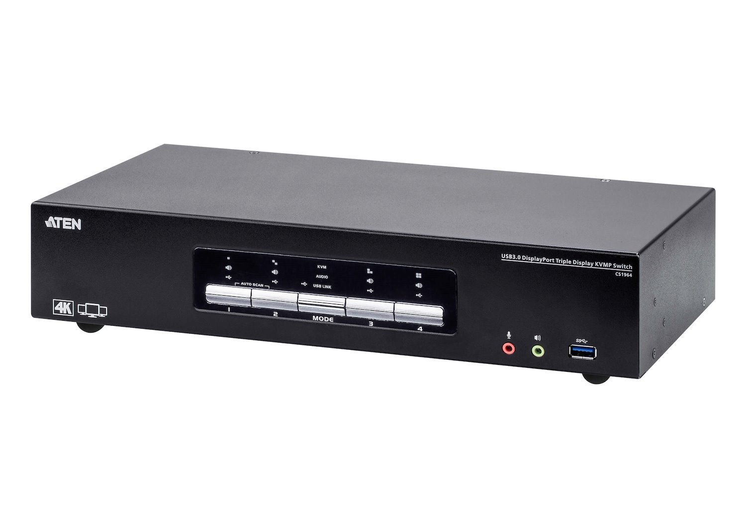 Aten Desktop KVMP Switch 4 Port Triple Display 4K DisplayPort W/ Audio, Cables Included, 2X Usb Port, Selection Via Front Panel