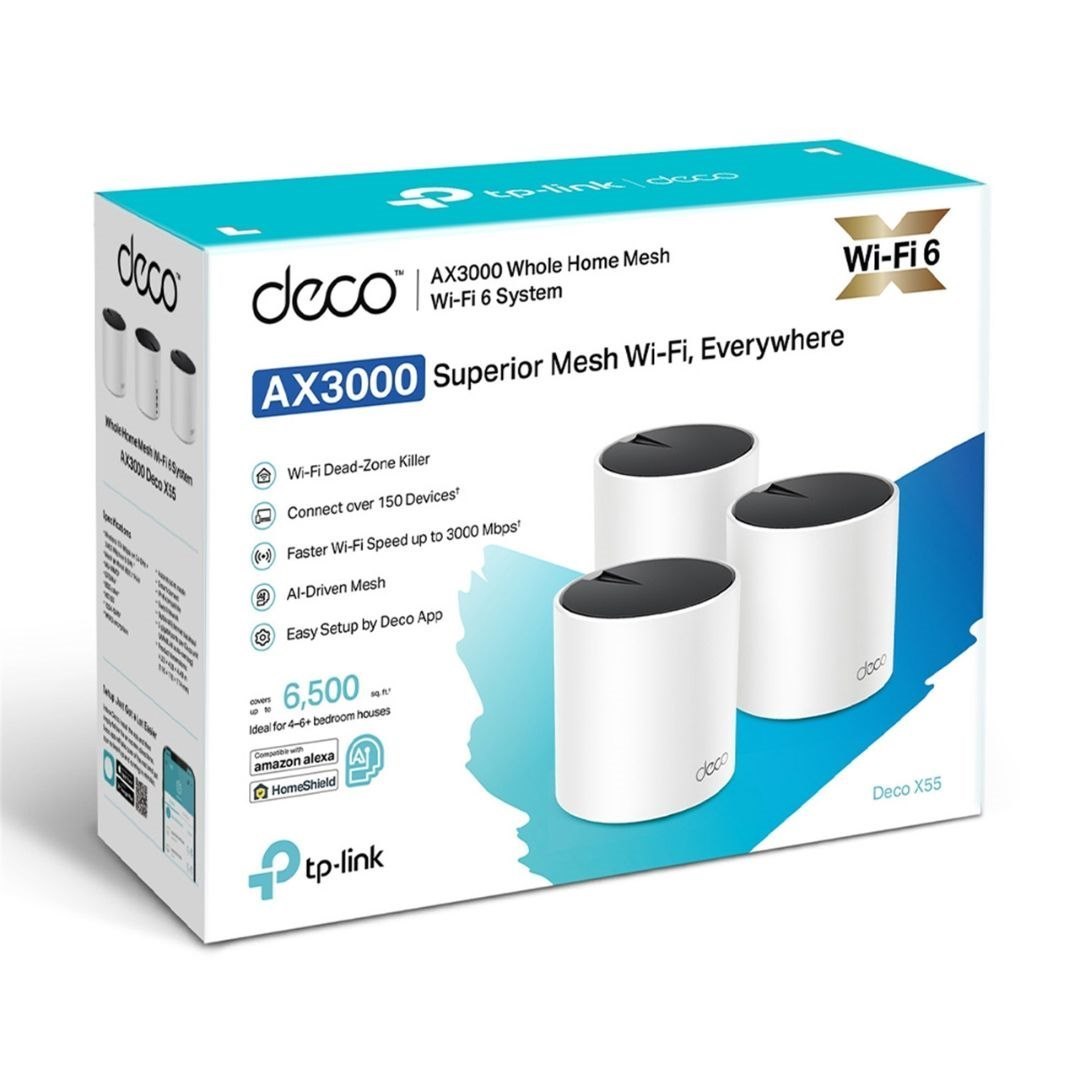 TP-Link Deco X55(3-Pack) Ax3000 Whole Home Mesh WiFi 6 Router, Dual-Band With Smart Antennas, Mu-Mimo, HomeShield Security