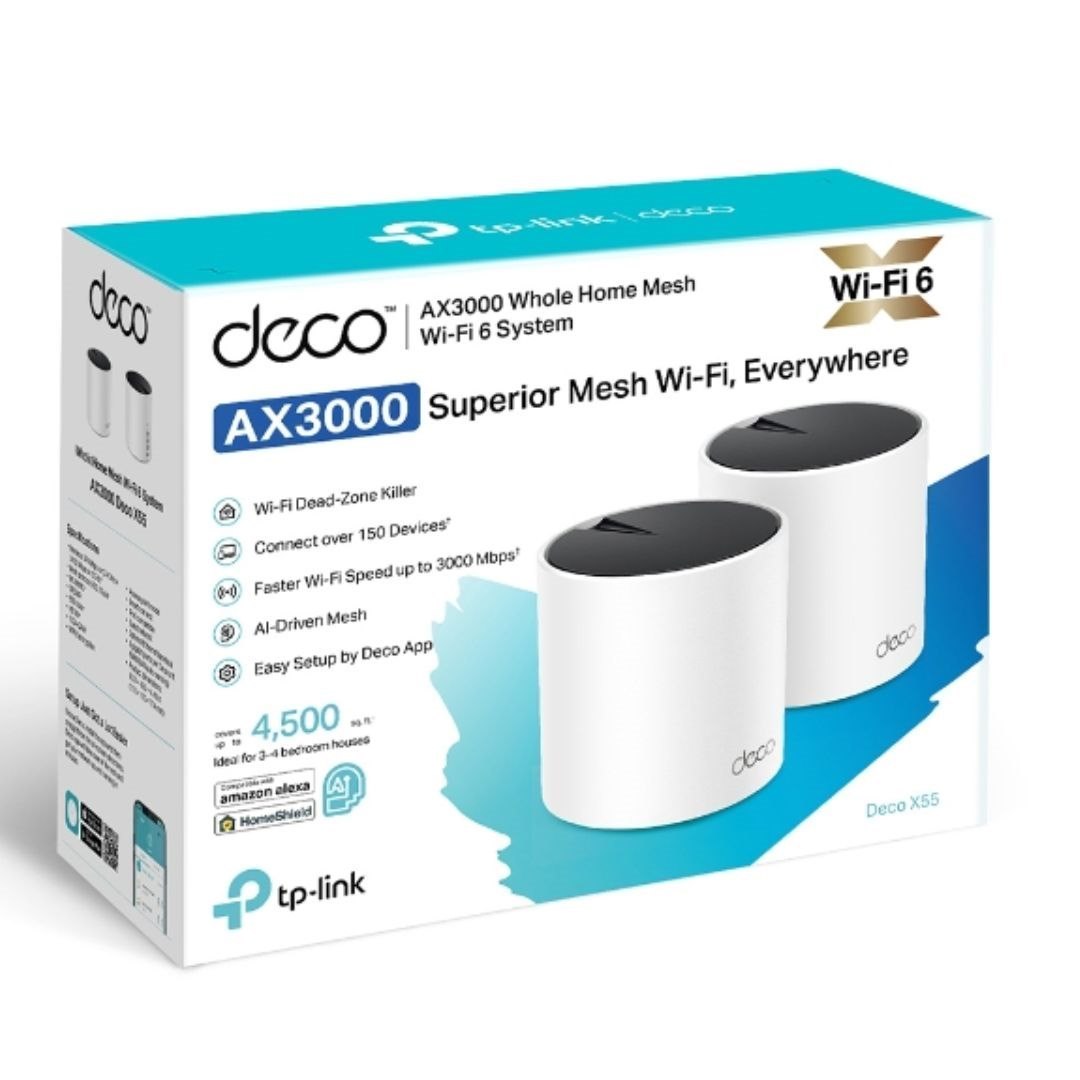 TP-Link Deco X55(2-Pack) Ax3000 Whole Home Mesh WiFi 6 Router, Dual-Band With Smart Antennas, Mu-Mimo, HomeShield Security