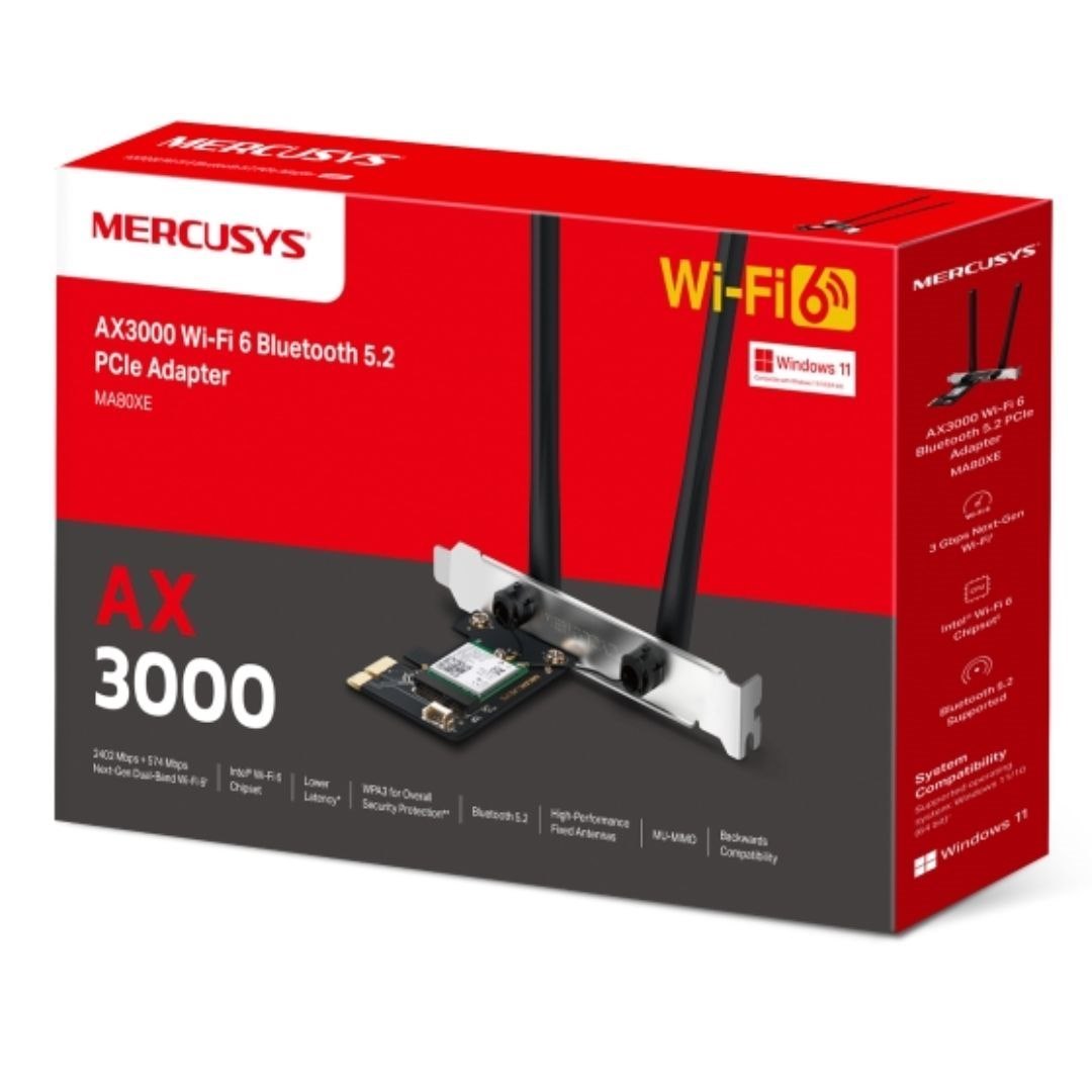 TP-Link Mercusys Ma80xe Ax3000 Wi-Fi 6 Bluetooth 5.2 PCIe Adapter, 2402Mbps @5 GHz, 574Mbps @2.4GHz