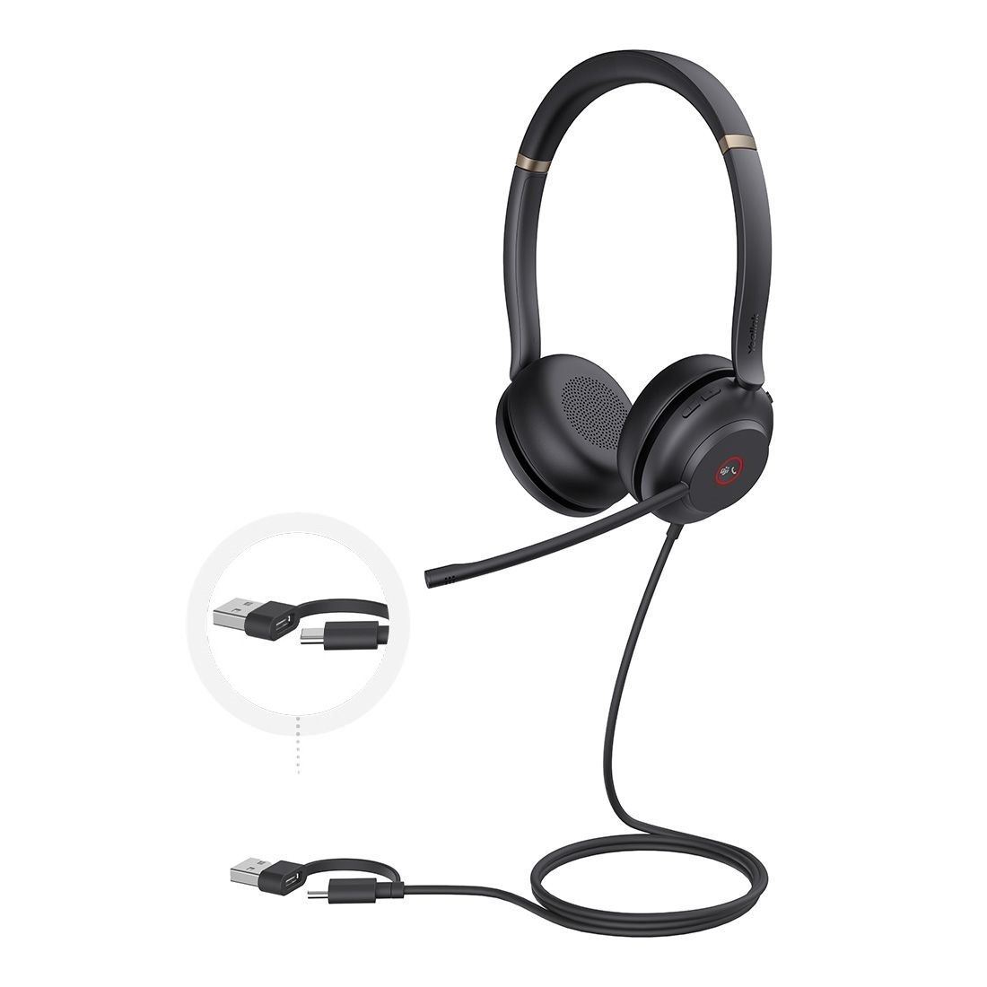 Yealink Uh37 Dual MicrosoftTeams Certified Usb Wired Headset Usb-C/A Professional Usb Headset Dual Noise-Cancelling, Usb-C To Usb-A Adapter