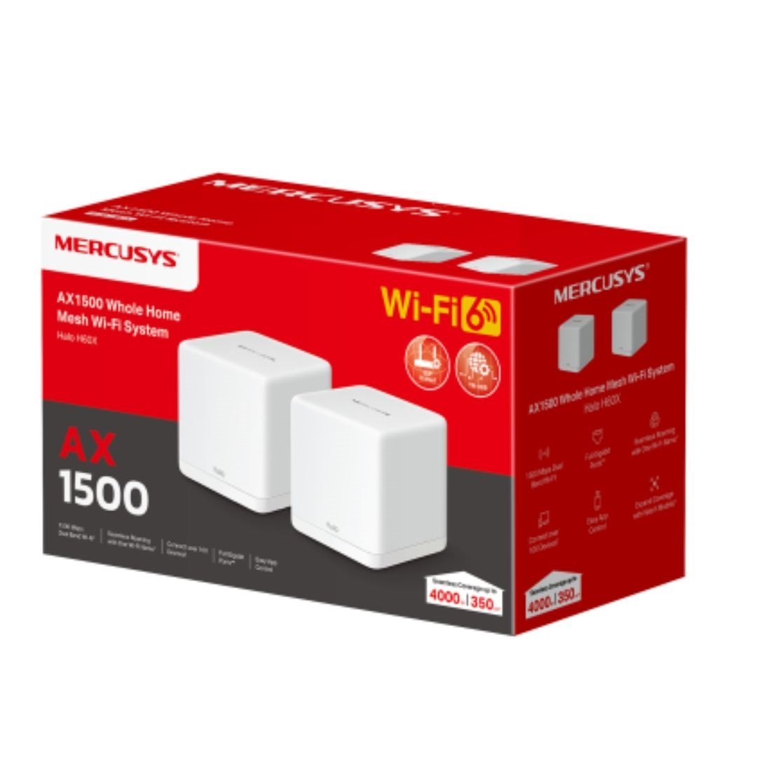 TP-Link Mercusys Halo H60X(2-pack) Ax1500 Whole Home Mesh Wi-Fi 6 System, 300 MBPS At 2.4 GHz + 1201 MBPS At 5 GHz, QoS, Iptv, IPv6, Mu-Mimo, Beamforming, Sma