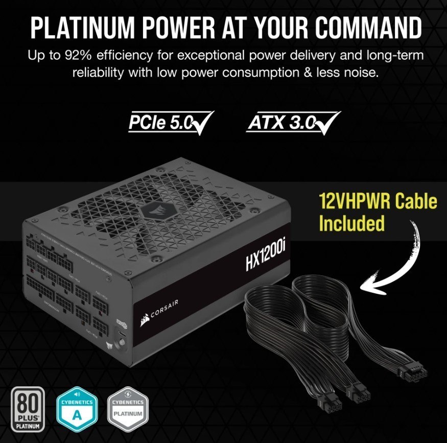 Corsair HX1200i Atx High Performance Platinum Psu, Icue 2024. PCIe 5.0, Atx 3.1, 12VHPWR Cable Included.